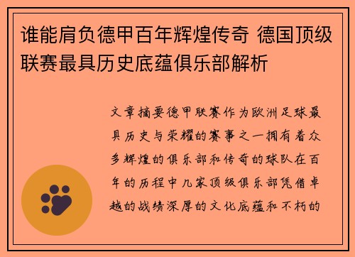 谁能肩负德甲百年辉煌传奇 德国顶级联赛最具历史底蕴俱乐部解析
