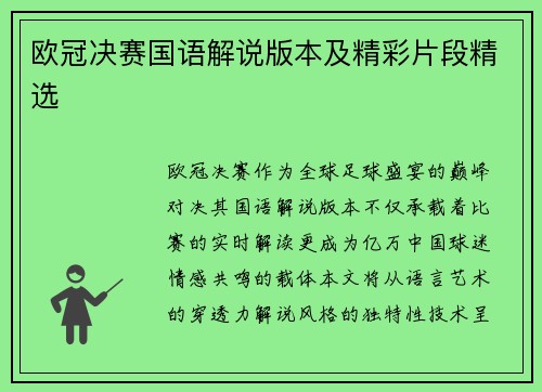 欧冠决赛国语解说版本及精彩片段精选
